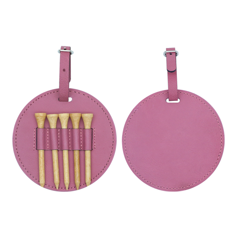 Etichetta rotonda per borsa da golf in similpelle laserabile con 5 magliette in legno
