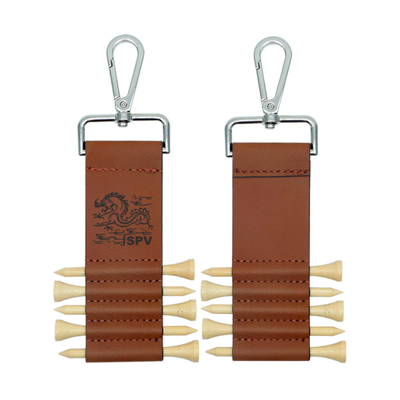 Portachiavi con etichetta per borsa da golf in similpelle laserabile con 5 magliette in legno