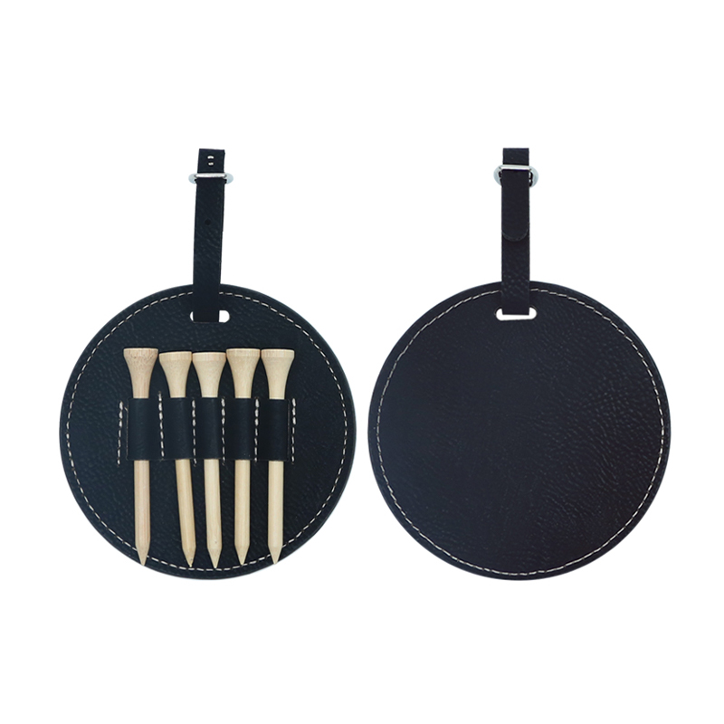 Etichetta rotonda per borsa da golf in similpelle laserabile con 5 magliette in legno