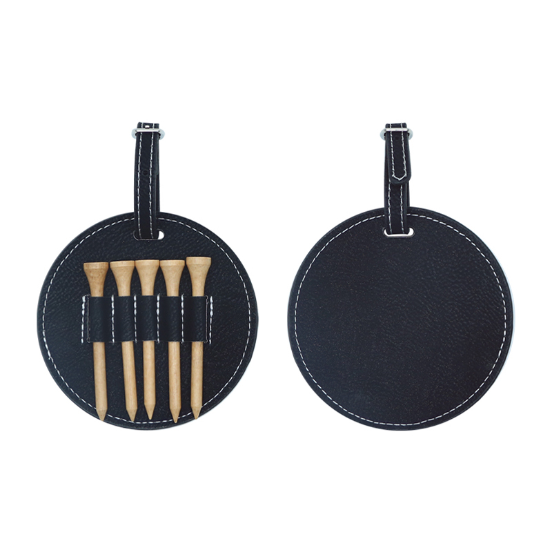 Etichetta rotonda per borsa da golf in similpelle laserabile con 5 magliette in legno