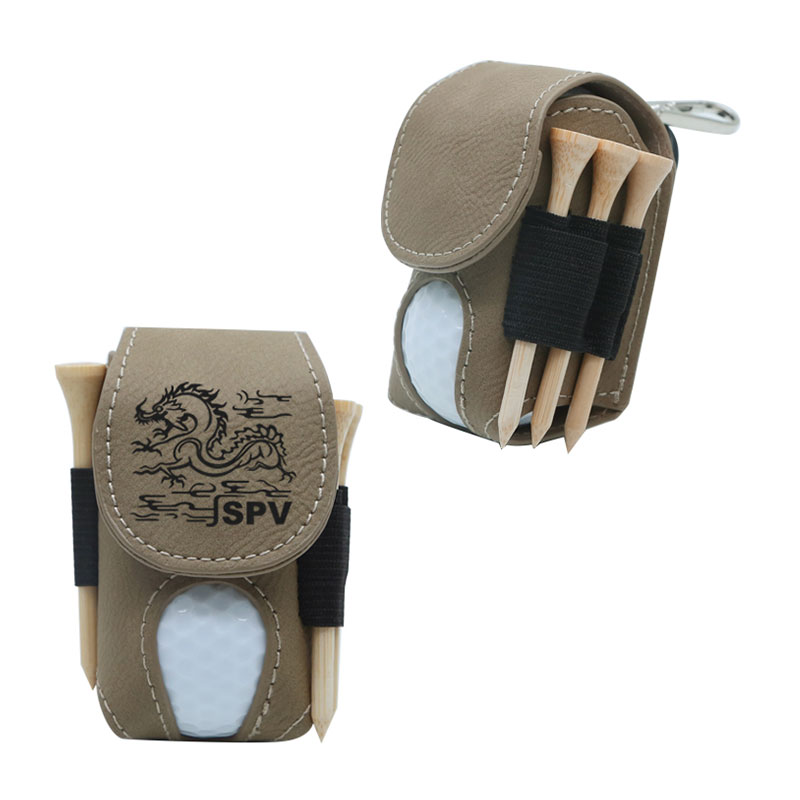 Porta palline da golf in similpelle laserabile con 5 tee in legno