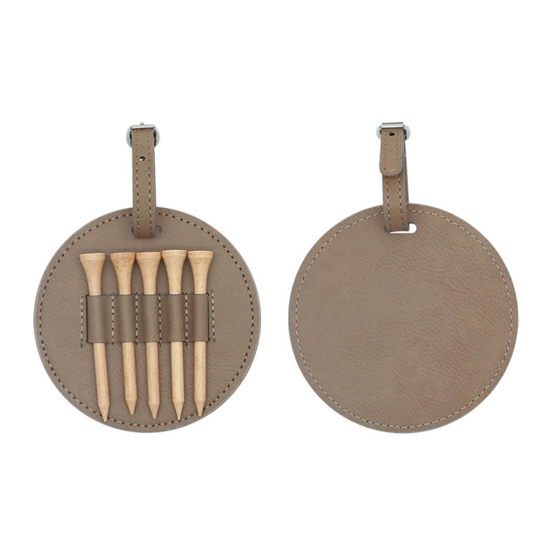 Etichetta rotonda per borsa da golf in similpelle laserabile con 5 magliette in legno