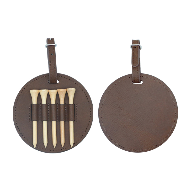 Etichetta rotonda per borsa da golf in similpelle laserabile con 5 magliette in legno