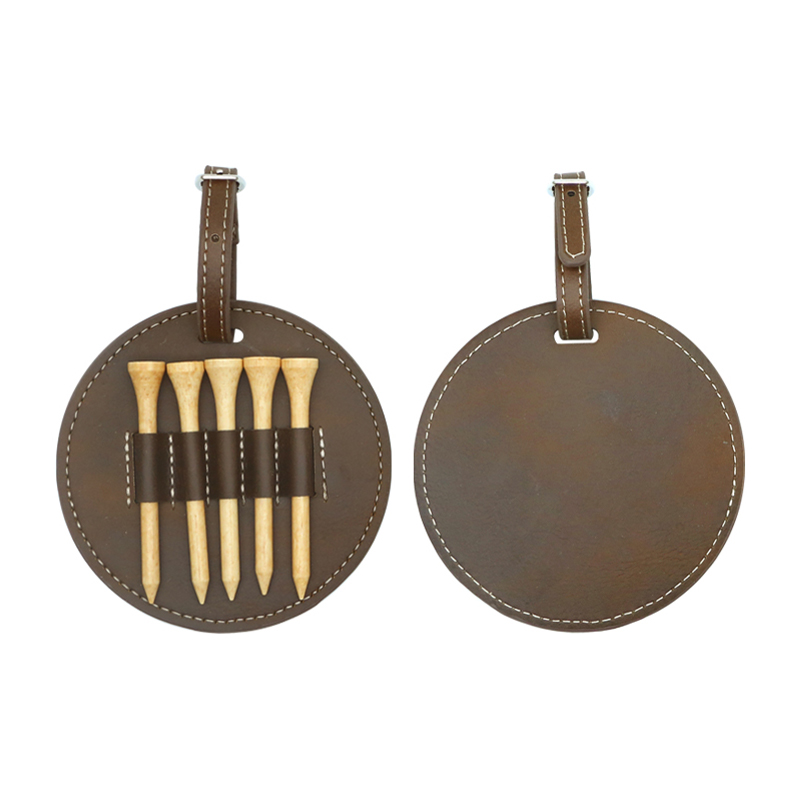 Etichetta rotonda per borsa da golf in similpelle laserabile con 5 magliette in legno