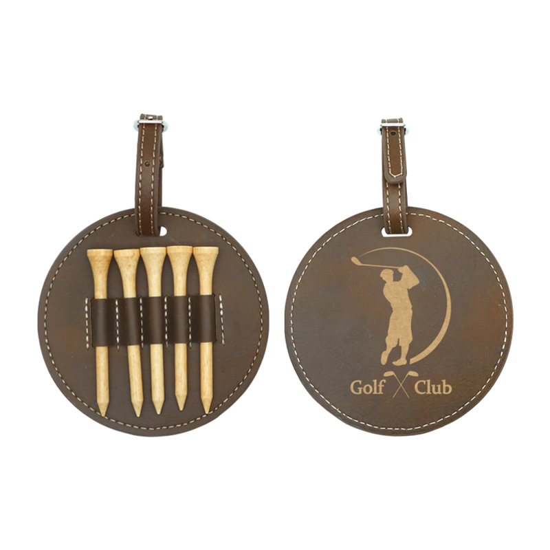 Etichetta rotonda per borsa da golf in similpelle laserabile con 5 magliette in legno