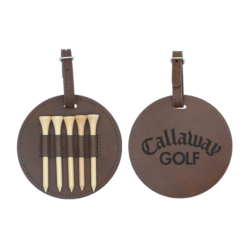 Etichetta rotonda per borsa da golf in similpelle laserabile con 5 magliette in legno