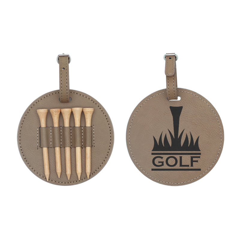 Etichetta rotonda per borsa da golf in similpelle laserabile con 5 magliette in legno