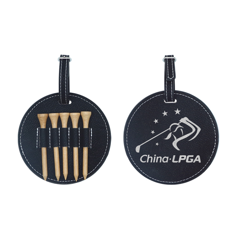 Etichetta rotonda per borsa da golf in similpelle laserabile con 5 magliette in legno