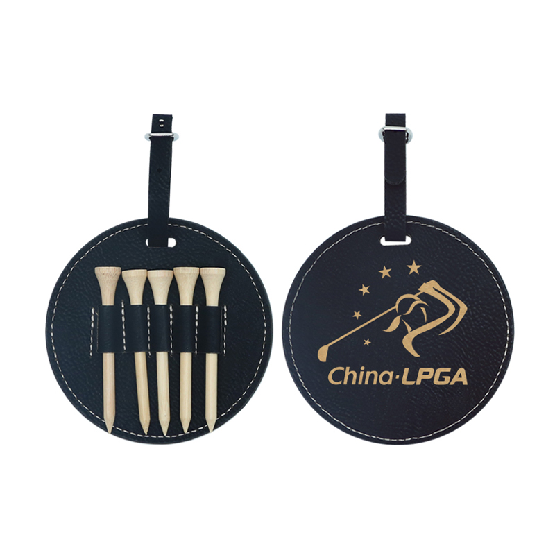 Etichetta rotonda per borsa da golf in similpelle laserabile con 5 magliette in legno