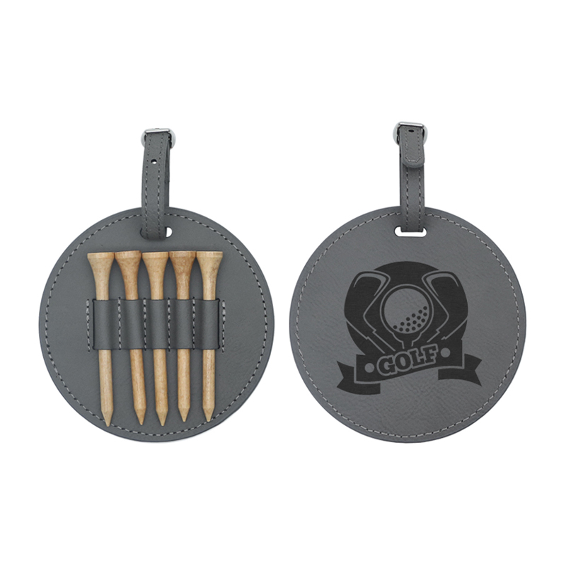 Etichetta rotonda per borsa da golf in similpelle laserabile con 5 magliette in legno